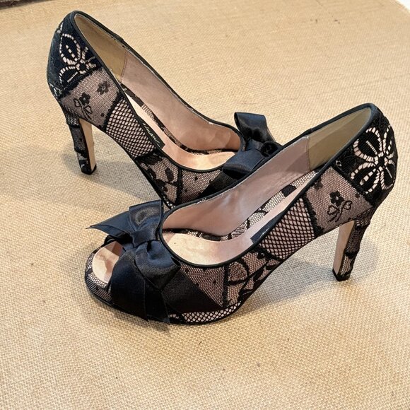 Beverly Feldman Shoes Womens 6 Lace Bow Peep Toe Heels Fishnet Whimsigoth - Picture 10 of 16